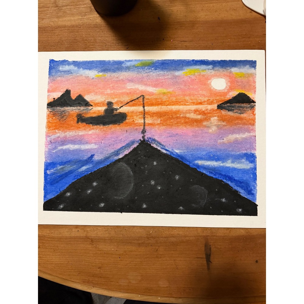 Handmade Oil Pastel Painting Unisex 9x12 Multicolor Excellent Sunset Fishing